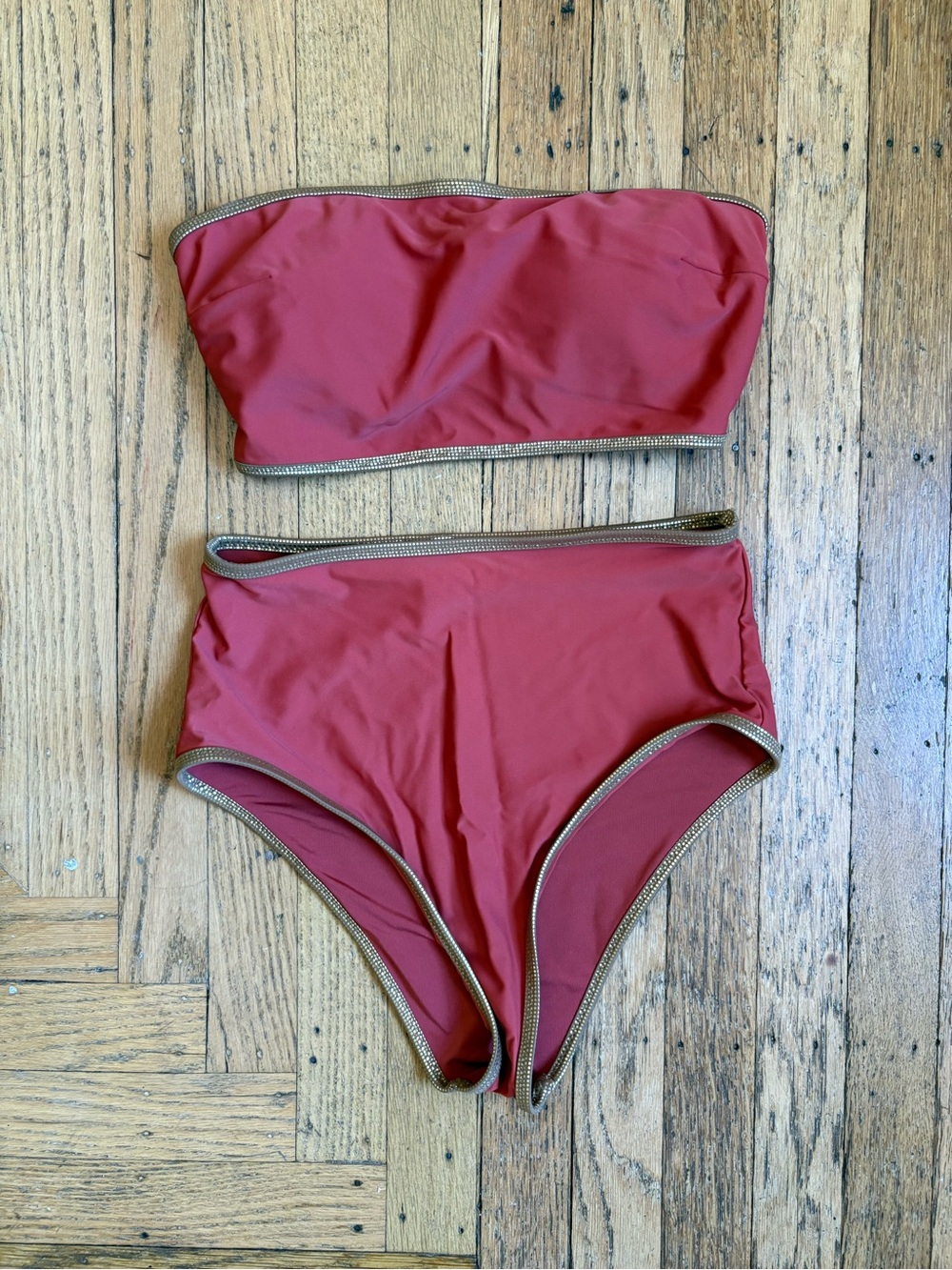 Aerie Terracotta & Gold Bandeau Swim Top with High Waisted Cheeky Bottoms